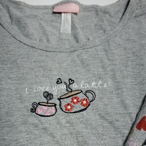 Gray Pajama Set with Coffee Latte Cup Embroidery And Print